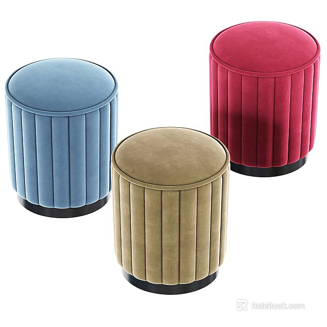 Round Pleated Velvet Ottoman in Blue Beige Red with Black Base 3d model 