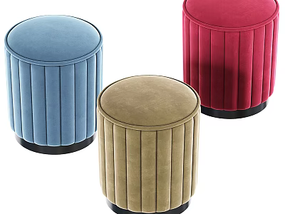 Round Pleated Velvet Ottoman in Blue Beige Red with Black Base 3d model