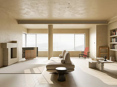 Minimalist Living Dining Room With Sunlit Large Windows Blinds Beige Sofa Red Chair And Fireplace 3d model