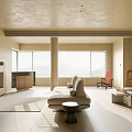 Minimalist Living Dining Room With Sunlit Large Windows Blinds Beige Sofa Red Chair And Fireplace