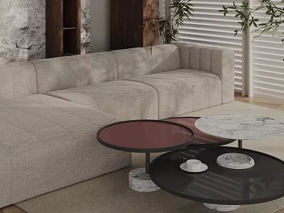 Modern Living Room With Beige Fabric Sofa And Nested Round Coffee Tables Marble Top Black Metal Base 3d model