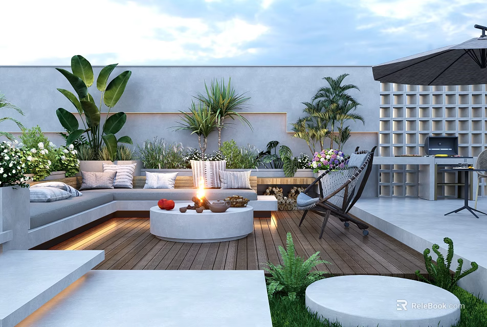 Courtyard Garden With Wooden Deck Sofa Fire Pit Large Green Plants And Outdoor Lighting 3d model 
