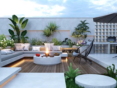 Courtyard Garden With Wooden Deck Sofa Fire Pit Large Green Plants And Outdoor Lighting 3d model