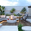 Courtyard Garden With Wooden Deck Sofa Fire Pit Large Green Plants And Outdoor Lighting