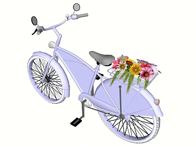 Purple Bicycle With Front Basket Filled With Sunflowers And Pink Flowers 3d model