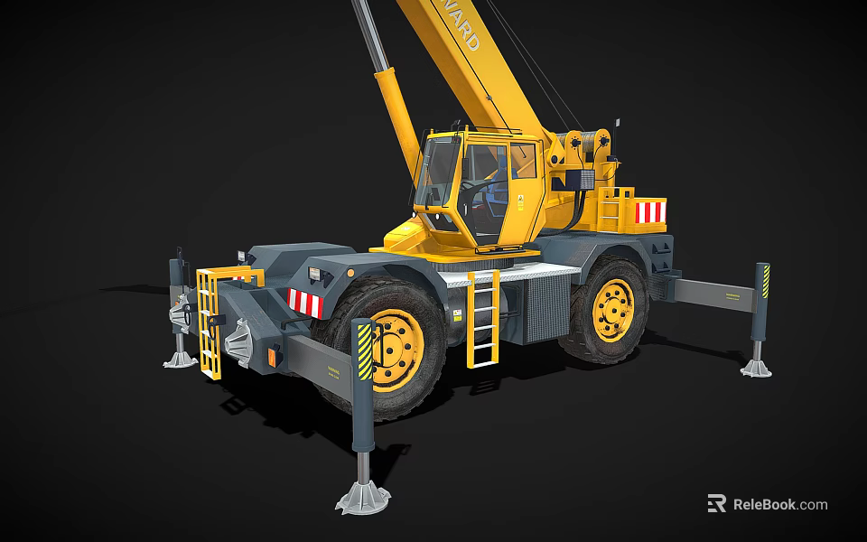 Yellow Mobile Crane With Extended Boom And Outriggers On Black Background 3d model 