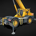 Yellow Mobile Crane With Extended Boom And Outriggers On Black Background