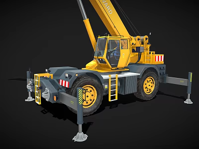 Yellow Mobile Crane With Extended Boom And Outriggers On Black Background 3d model