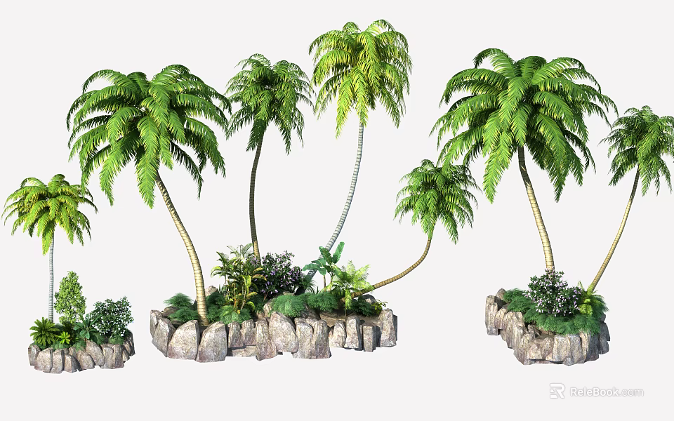 Tall Palm Trees With Lush Green Fronds And Rock Base Landscaping 3d model 