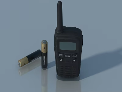 Black Walkie Talkie With Two Batteries On Light Blue Reflective Surface 3d model