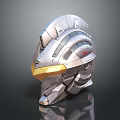 Futuristic Metallic Helmet with Silver Finish Yellow Accents and Modern Sci-Fi Design