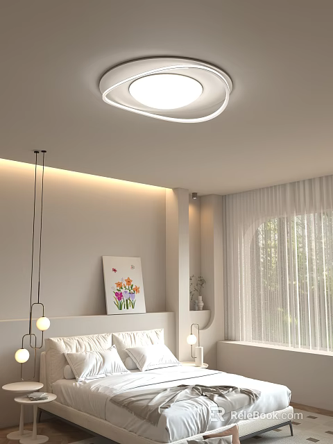 Modern Bedroom Interior With Stylish Round Ceiling Light Soft Lighting And Floral Wall Art 3d model 