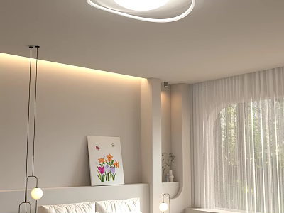 Modern Bedroom Interior With Stylish Round Ceiling Light Soft Lighting And Floral Wall Art 3d model
