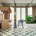 Modern Luxury Restaurant With Arched Partitions Green Patterned Tiles Wooden Tables Chairs And Pendant Lights