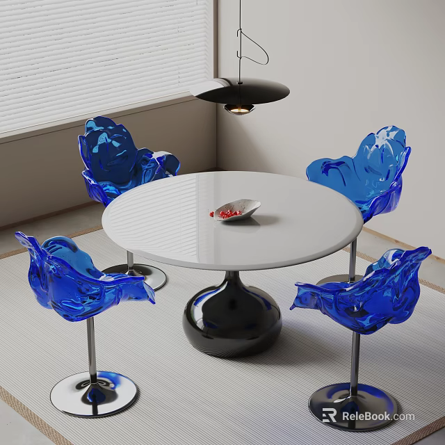 White Round Dining Table Set With Black Base And Four Blue Chairs 3d model