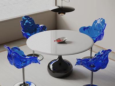 White Round Dining Table Set With Black Base And Four Blue Chairs 3d model