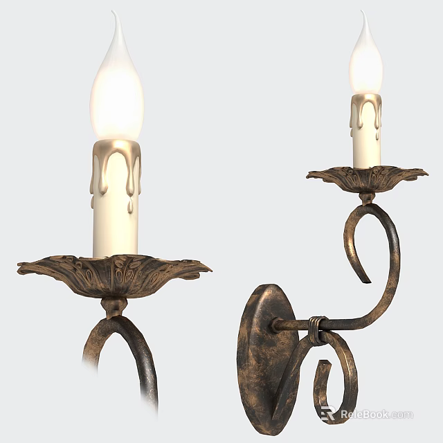 Vintage Wall Sconce With Candle Shaped Light Dripping Wax And Floral Design Metal Bracket 3d model 