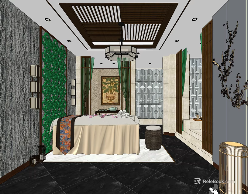 Luxurious SPA Sauna Interior With Massage Bed Green Decor Chinese Chandelier And Marble Floor 3d model 