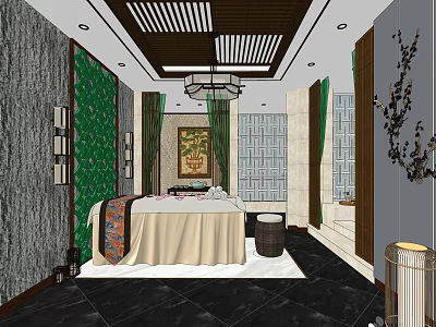 Luxurious SPA Sauna Interior With Massage Bed Green Decor Chinese Chandelier And Marble Floor 3d model