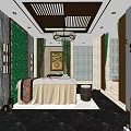 Luxurious SPA Sauna Interior With Massage Bed Green Decor Chinese Chandelier And Marble Floor