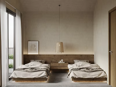 Hotel Guest Room With Twin Beds Wooden Headboard Pendant Lamp Nightstand And Natural Light 3d model
