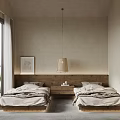 Hotel Guest Room With Twin Beds Wooden Headboard Pendant Lamp Nightstand And Natural Light