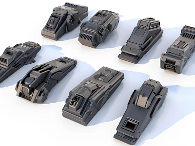 Multiple Black Industrial Equipment Mechanical Components Arranged On Light Blue Surface With Modern Metallic Design 3d model