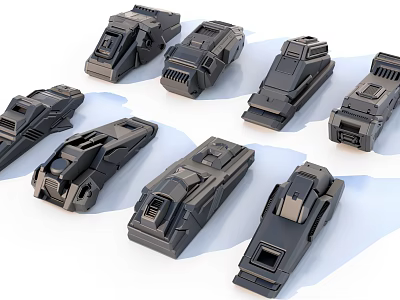 Multiple Black Industrial Equipment Mechanical Components Arranged On Light Blue Surface With Modern Metallic Design 3d model