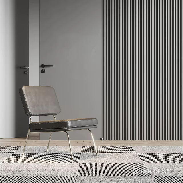Gray Leather Lounge Chair With Metal Legs Against Vertical Slat Wall And Geometric Rug 3d model 