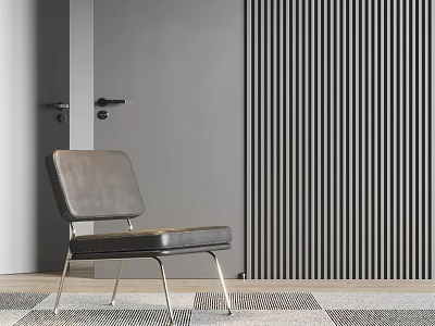 Gray Leather Lounge Chair With Metal Legs Against Vertical Slat Wall And Geometric Rug 3d model