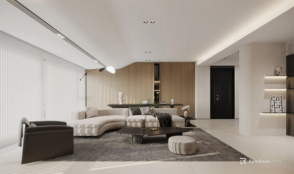 Modern Open Living Dining Space Interior With Light Sofa Coffee Table And Wooden Wall 3d model 