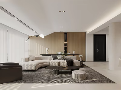 Modern Open Living Dining Space Interior With Light Sofa Coffee Table And Wooden Wall 3d model
