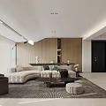 Modern Open Living Dining Space Interior With Light Sofa Coffee Table And Wooden Wall