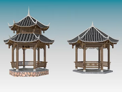 Traditional Chinese Pavilions With Overhanging Eaves Black Tiled Roofs And Wooden Structures 3d model