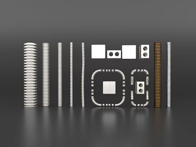 Various Types of Metal Pipes Including Coiled Straight and Square Components with Holes 3d model
