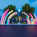 Colorful Illuminated Arch Garden Ornament Decorating Landscape with Trees and Modern Building