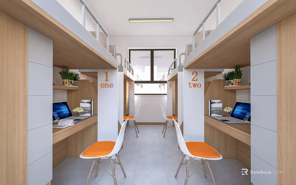 Modern School Dorm Room With Numbered Beds Desks Computers Orange Chairs And Plants 3d model 