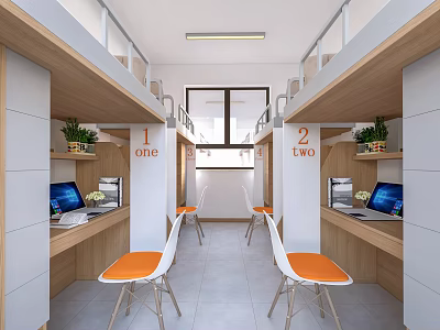 Modern School Dorm Room With Numbered Beds Desks Computers Orange Chairs And Plants 3d model