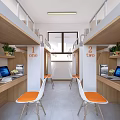 Modern School Dorm Room With Numbered Beds Desks Computers Orange Chairs And Plants 3d model