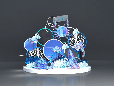 Ocean Themed Display With Crab Fish Coral Circular Elements And Blue Purple Decorations 3d model