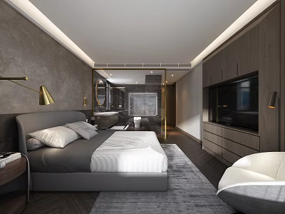 Modern Hotel Guest Room Interior With King Bed Gray Wall Gold Lamp And TV Cabinet 3d model
