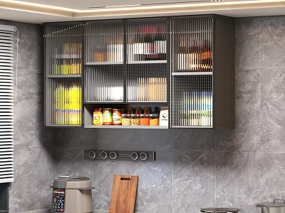 Modern Kitchen Wall Cabinets with Glass Doors Holding Bottles and Jars 3d model