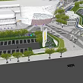 Modern Public Building With Curved Perforated Facade And Pedestrian Plaza With Greenery