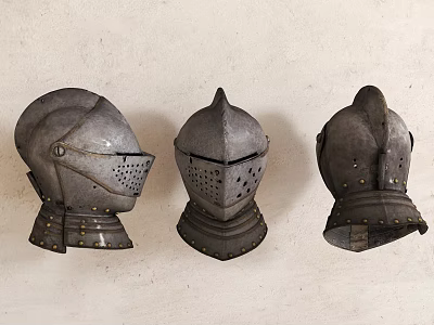 Antique Medieval Metal Helmets Mounted On Beige Wall Display Classic Armor Design 3d model