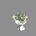 Fresh White Flower Bouquet With Green Leaves Pink White Wrapping And Black Ribbon
