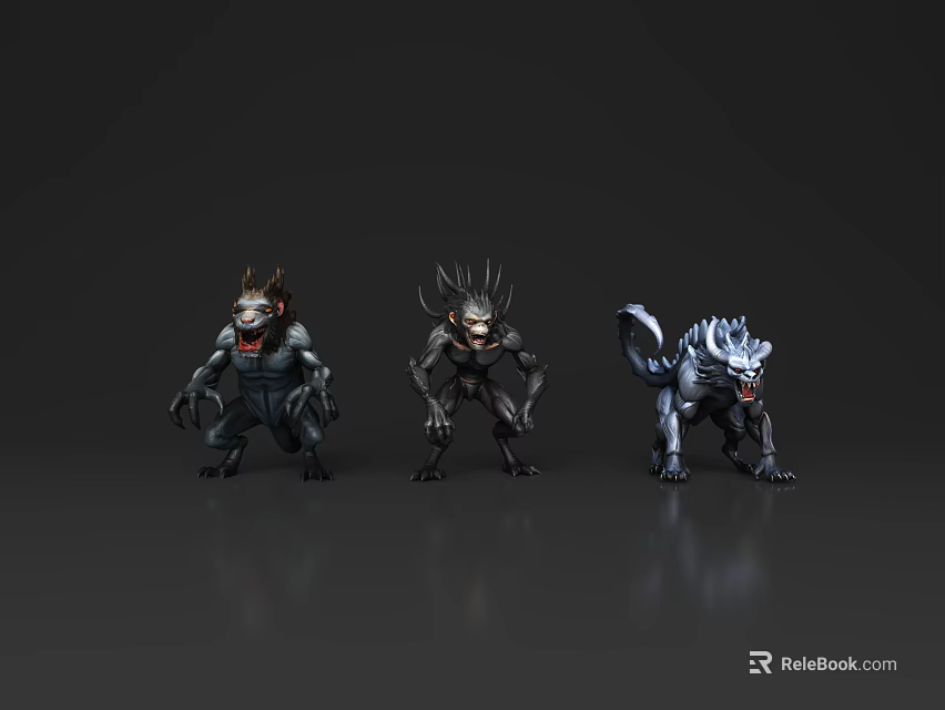 Three Mythical Creature Character Designs With Spiked Features And Dark Tones 3d model 