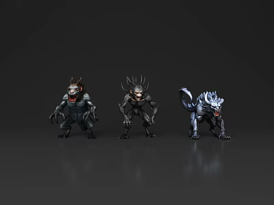 Three Mythical Creature Character Designs With Spiked Features And Dark Tones 3d model