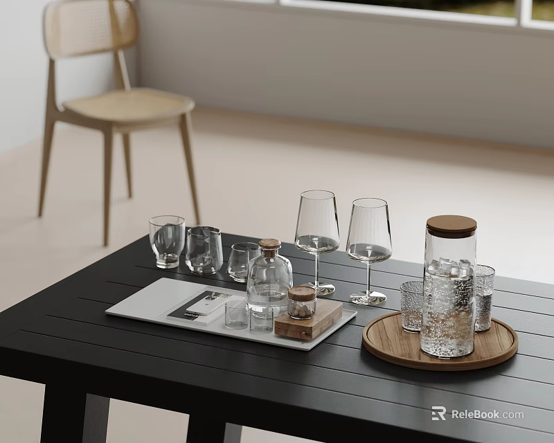 Wine Bottles And Glasses On Black Table In Minimalist Interior 3d model 
