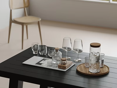 Wine Bottles And Glasses On Black Table In Minimalist Interior 3d model