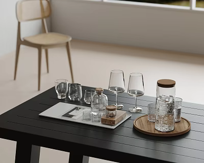 Wine Bottles And Glasses On Black Table In Minimalist Interior 3d model